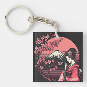 Porte-clés Geisha japonais Mont Fuji Cerry Blossom Trees