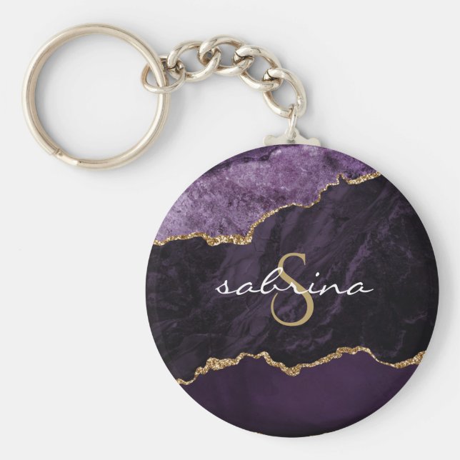 Porte-clés Géode d'agate Monogramme Violet Or (Devant)