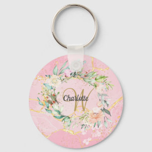 Porte-clés Géode Floral Agate Gold Script Monogramme