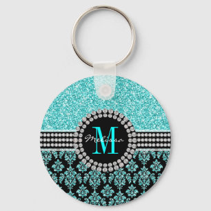 Porte-clés Girl Aqua Parties scintillant bleue Monogramme Dam