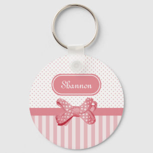 Porte-clés Girls Rose Stripes Cute Polka Dot Bow Avec Nom