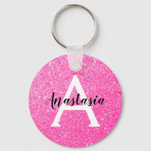 Porte-clés Girly Glam Hot Pink Glitter Sparkles Monogram Name