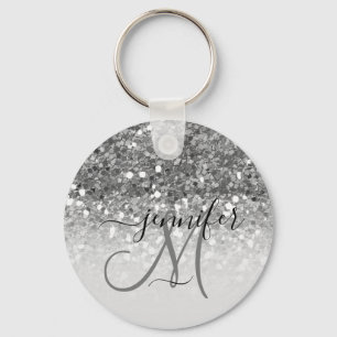 Porte-clés Girly Glam Silver Parties scintillant Luxe Monogra
