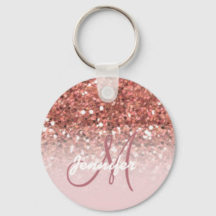Porte-clés Girly Rose Gold Glitter Sparkles Monogram Name