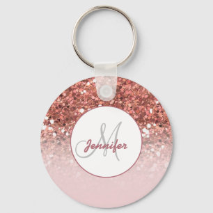 Porte-clés Girly Rose Gold Glitter Sparkles Monogram Name