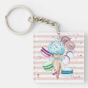Porte-clés Glace à l'aquarelle,Macarons,Rayes roses