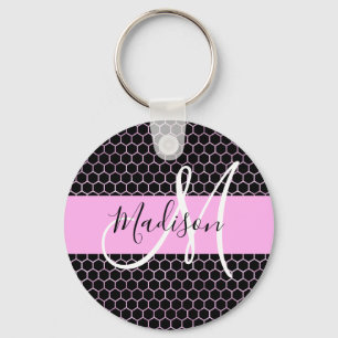Porte-clés Glam Black Metallic Rose Honeycomb Nom du monogram