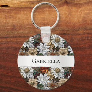 Porte-clés Glam Champagne Or Rouge Fleurs blanches