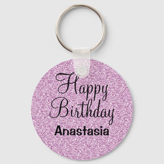 Porte-clés Glam Happy Birthday Purple Parties scintillant Nom (Recto)