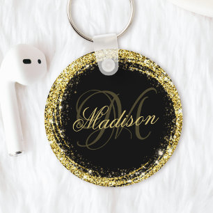 Porte-clés Glam noir pailleté or personnalisé
