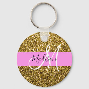 Porte-clés Glam Pink and Gold Glitter Sparkles Monogram Name