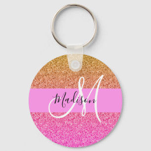 Porte-clés Glam Pink & Gold Glitter Sparkle Gradient Monogram