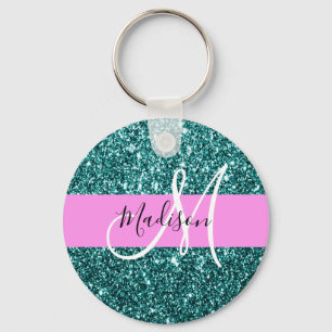 Porte-clés Glam Rose Turquoise Vert Pailleté Étincelle Monogr