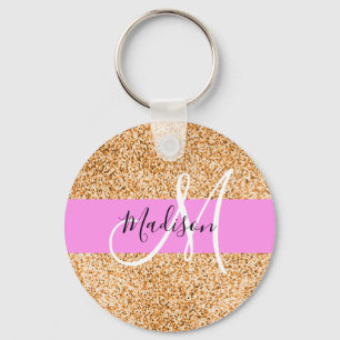 Porte-clés Glamour Rose & Cuivre Paillettes Monogramme Nom