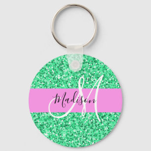 Porte-clés Glamour Rose et Vert Paillettes Monogramme Nom