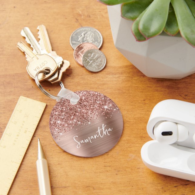 Porte-clés Glitter Rose Gold Glam Nom Photo (Bureau)