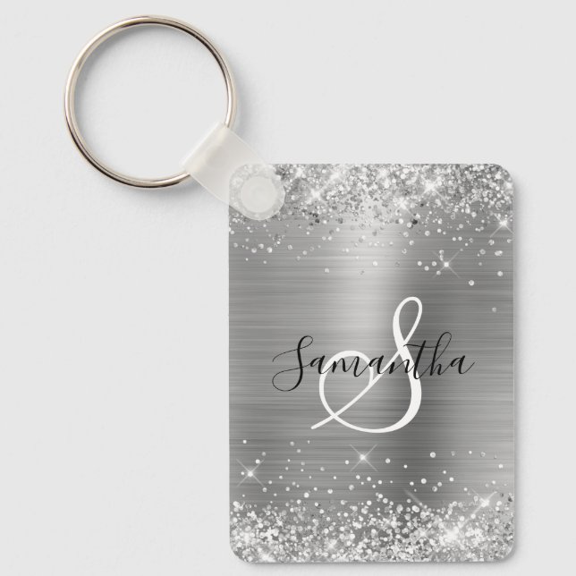 Porte-clés Glittery Silver Foil Elegant Monogrammed (Recto)