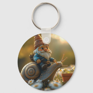 Porte-clés Gnome Whimsical sur Snail Ride Magical Garden Scèn