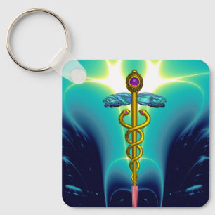Porte-clés GOLD CADUCEUS MÉDICALE SYMBOLE Aqua Blue Turquoise