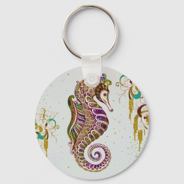 Porte-clés Gold Summer Rainbow Seahorse Parties scintillant (Recto)