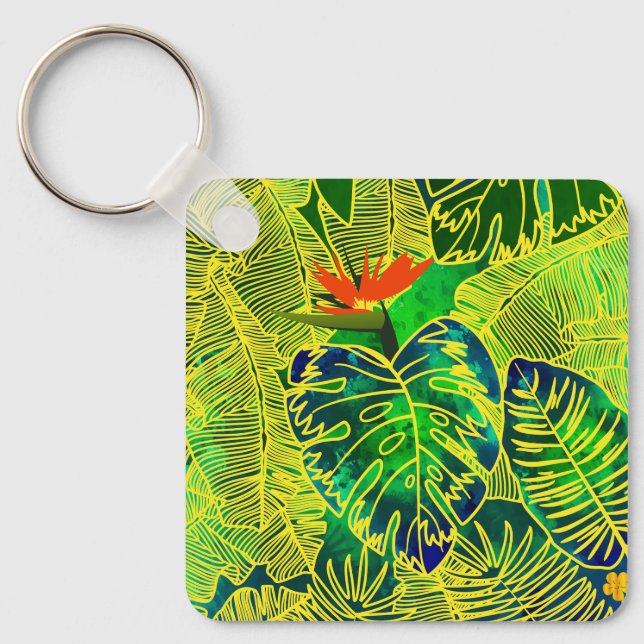 Porte-clés Gold Tropical Jungle Vert Feuille Aquarelle (Recto)