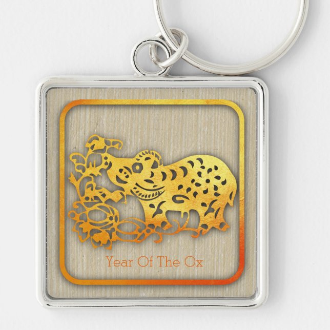 Porte-clés Golden Chinese Paper-cut Ox Année 2021 MSqK (Devant)
