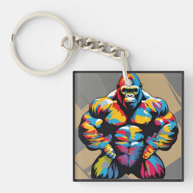 Porte-clés Gorilla Bodybuilder Poids Lifter Pop Art Cartoon (Devant)