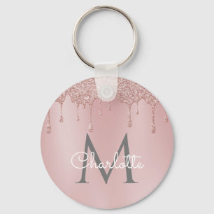 Porte-clés Gouttes de paillettes roses Monogramme Élégant Chi
