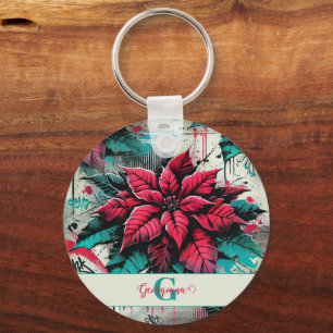 Porte-clés Graffiti floral personnalisé Grungy Poinsettia