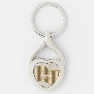 Porte-clés Grand Monogramme d'or, Nom de script blanc, Diaman