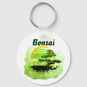 Porte-clés Graphique vintage de bonsaïs, version verte avec