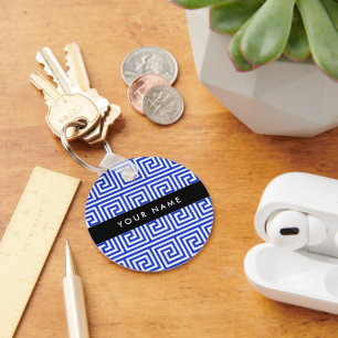 Porte-clés Grec Meander Key Blue, Votre Nom, Personnaliser