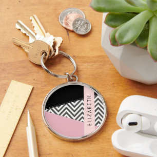Porte-clés Grey Zigzag, Grey Chevron, Rose, Votre Nom