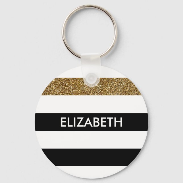 Porte-clés Grilles noires modernes FAUX Gold Glitz et nom (Recto)