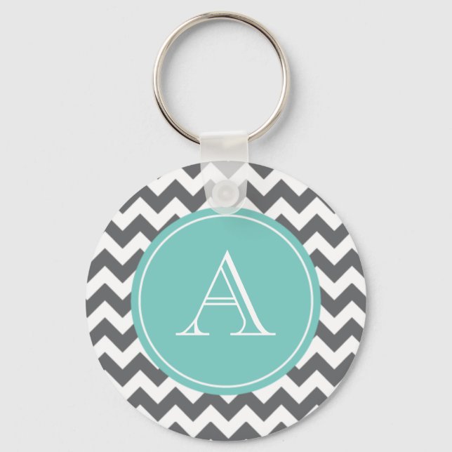 Porte-clés Gris de charbon et bleu Chevron sur mesure Monogra (Recto)