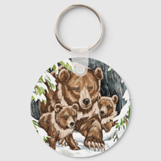 Porte-clés Grizzly Bear Mère et Cubs en hiver