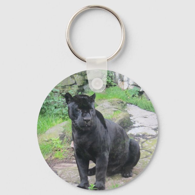 Porte-clés Gros chat Jaguar noir assis sur le rocher (Recto)