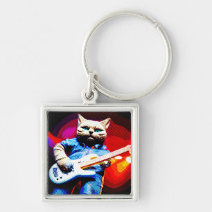 Porte-clés Halftone Metal Moggy Cat Guitarist in Denim
