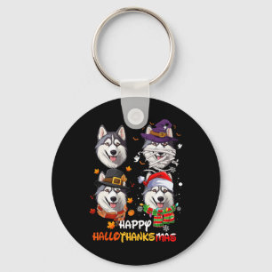 Porte-clés Hallothanksmas de chien Husky Halloween Thanksgivi