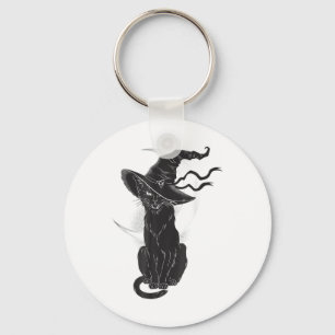 Porte-clés Halloween Chat Noir Sorcière Casquette Lune