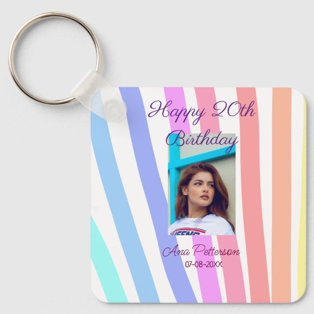 Porte-clés Happy 20th Birthday rainbow rustic boho lines phot (Recto)