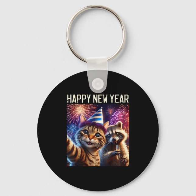 Porte-clés Happy New Year 2026 Cute Cat Raccoon Celebration  (Recto)