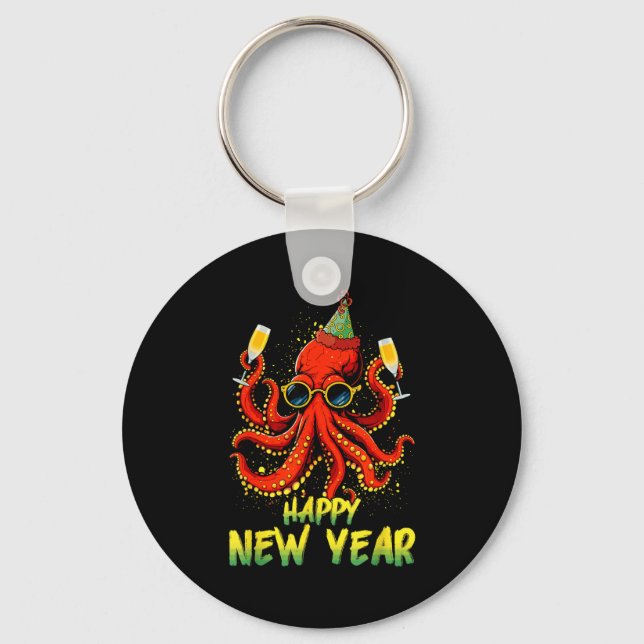 Porte-clés Happy New Year 2026 Octopus Drinking Champagne New (Recto)