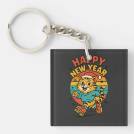 Porte-clés Happy New Year Cat - Cute 80s Cartoon Skating  