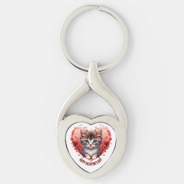 Porte-clés Heureuse Sainte-Valentin Little Kitten avec coeur (Devant)