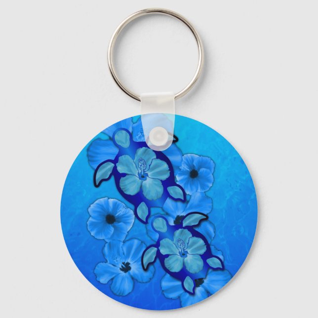 Porte-clés Hibiscus Bleus Et Tortues Honu (Recto)