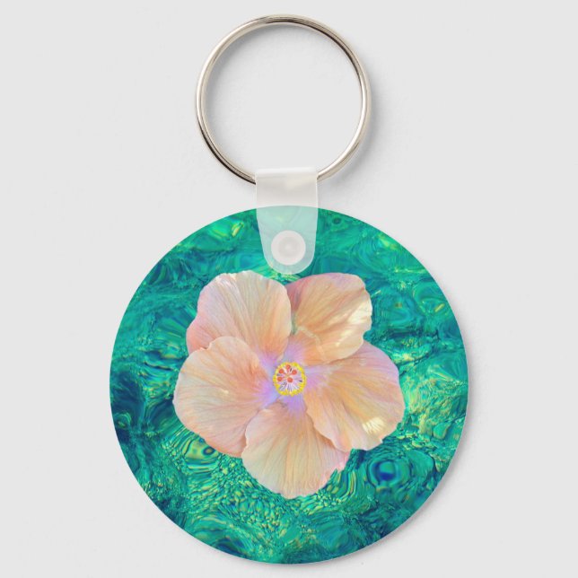Porte-clés Hibiscus fleur turquoise eau de l'océan Hawaïen (Recto)
