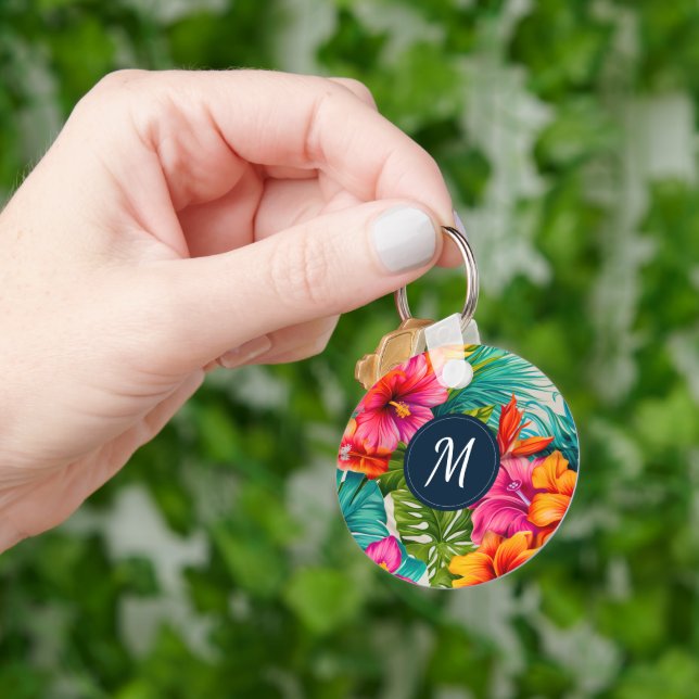 Porte-clés Hibiscus floral tropical Monogramme (main)