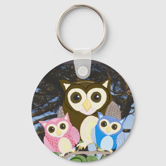 Porte-clés Hiboux Colorés dans un Arbre (Recto)