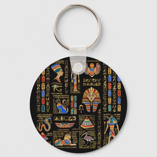 Porte-clés Hiéroglyphes et divinités égyptiennes sur le noir (Recto)